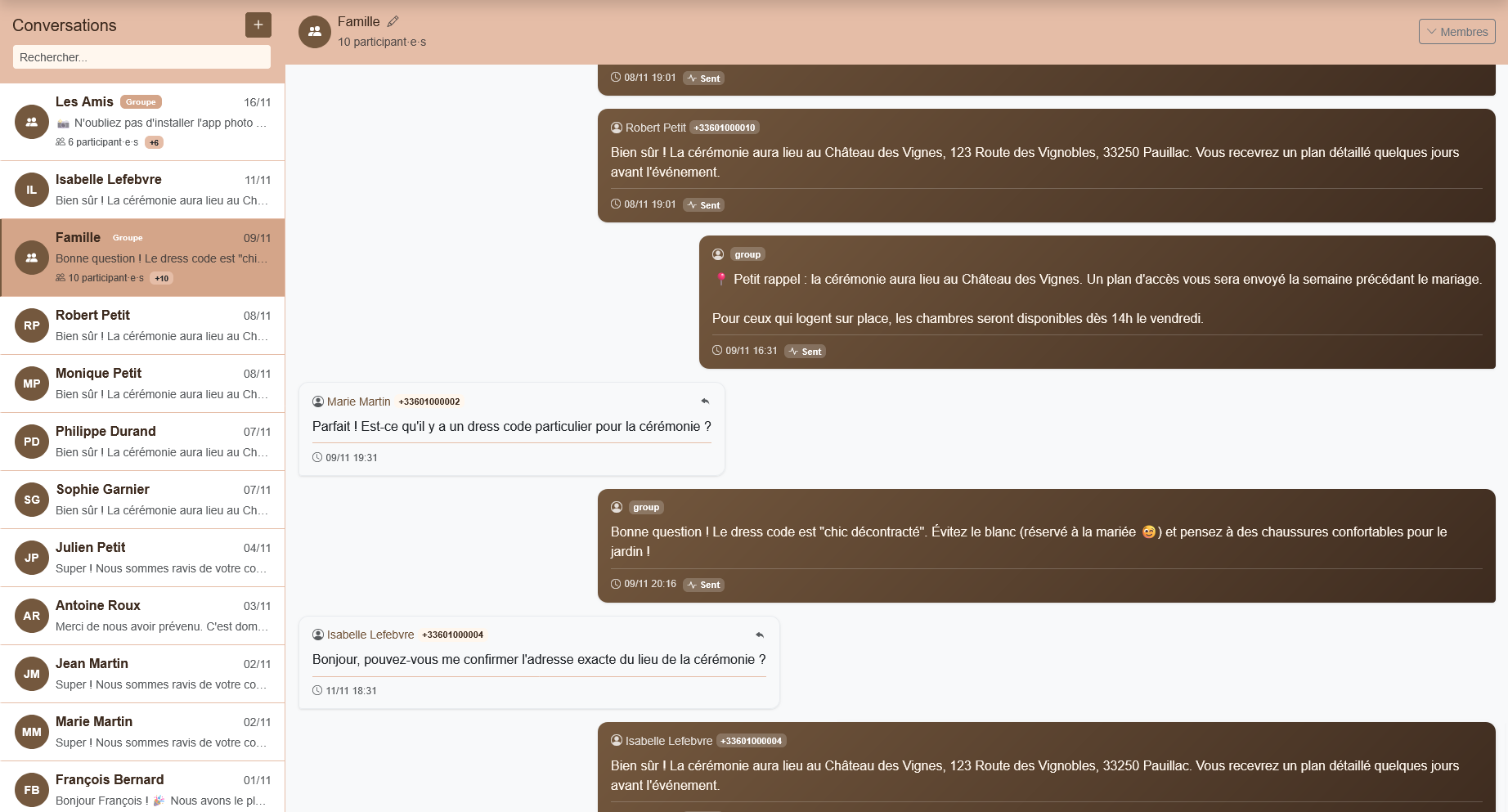 Wedding Valet - Dashboard conversations